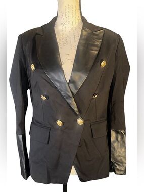 Boston Proper Leather Detailed Modern Double-Breasted Blazer
